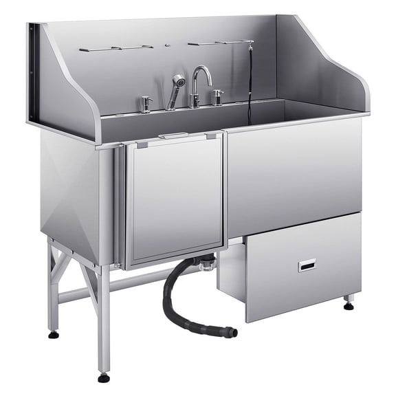 304 Stainless Steel Dog Grooming Tub, 61 Inch Pet Washing Station with Ramp & Storage