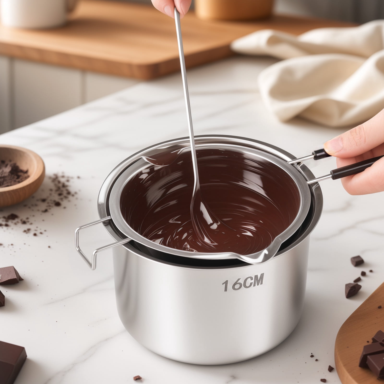 304 Stainless Steel Double Boiler Pot Set 20.28oz Melting Pot with Heat Resistant Handle and Spout 47.33oz Outer Pan Spoon,30.43oz Measuring Cup for Chocolate Butter Candy Making
