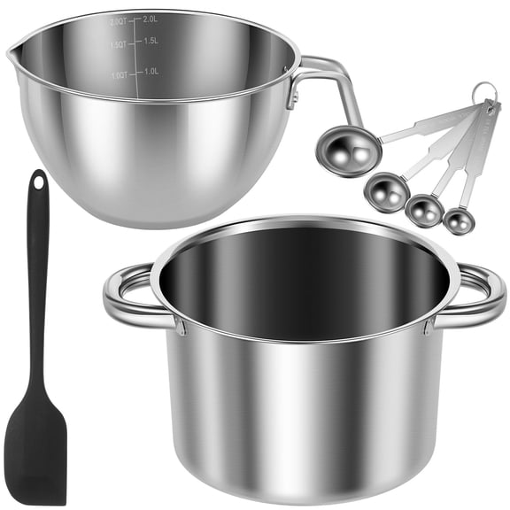 304 Stainless Steel Double Boiler Pot Set Includes 2 QT Chocolate Melting Bowl with Scale and Handle Kitchen Boiler Pot Silicone Spatula Measuring Spoon