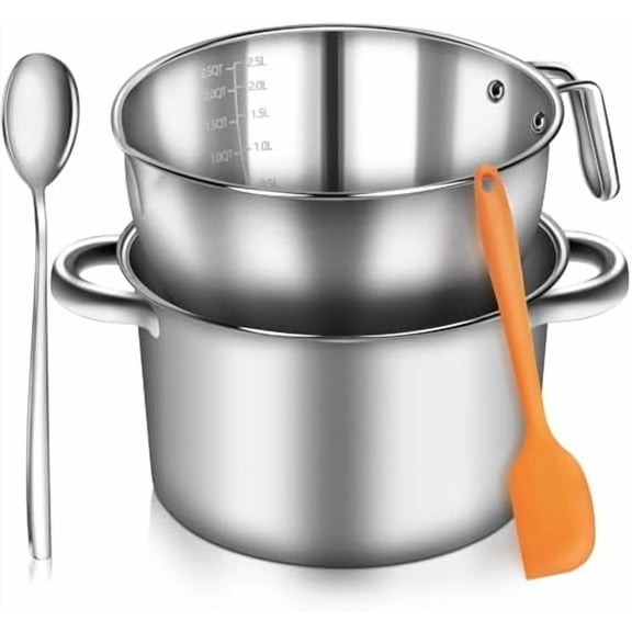 304 Stainless Steel Double Boiler Set - 2.6QT Melting Bowl with Scale and Handle - 4.2QT Dual-Handle Pot - Stackable Water Bath Melting Pot Set for Butter, Chocolate, Wax, Sugar, Candle