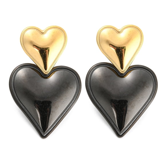 304 Stainless Steel Double Heart Dangle Stud Earrings for Women Black 32.5x20mm