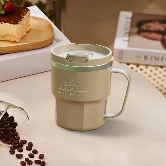 304 Stainless Steel Double Layer Insulated Mug with Handle 400ml Vacuum Home Office Water Cup Dual Lid Straw or Sip Top Leak Resistant for Coffee Tea Milk Juice