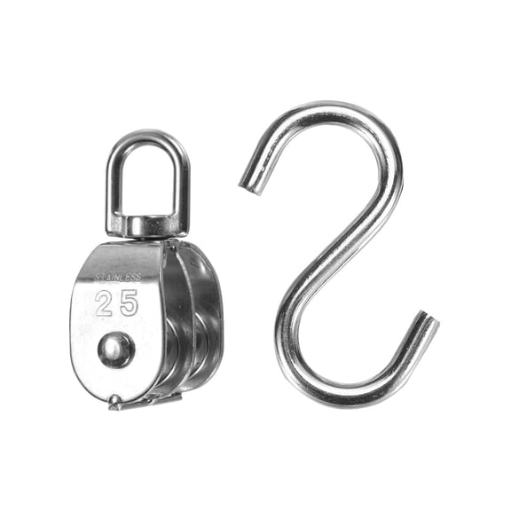 304 Stainless Steel Double Pulley Block Load 330lbs M25 with S Hook