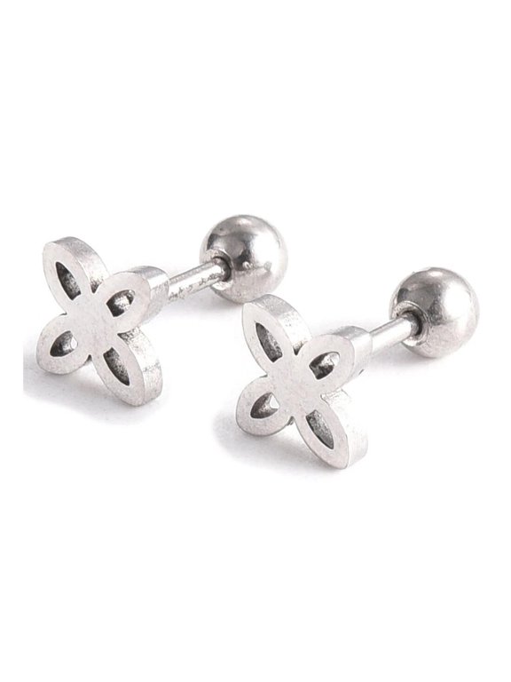 304 Stainless Steel Ear Plugs Ear Studs Flower Silver 6x8x2mm Pin 1mm Floral Clover Round Earrings Z353