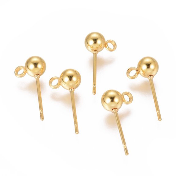 304 Stainless Steel Ear Stud Components with Loop Ball Real 18K golden Plated 16x5mm Hole: 1.6mm Pin: 0.8mm