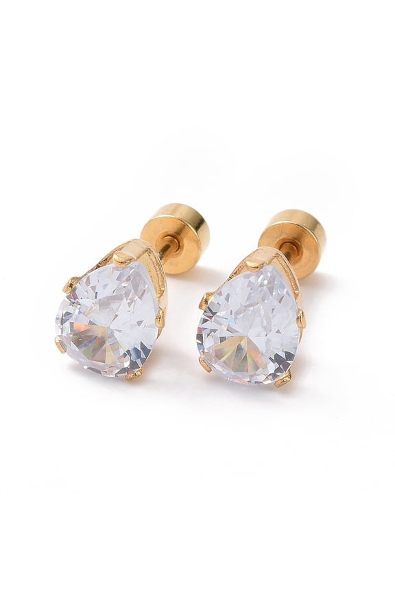 304 Stainless Steel Earlobe Plugs Screw Back Earrings with Rhinestone teardrop Golden 14mm Drop: 8.5x6x5mm Pin: 1mm