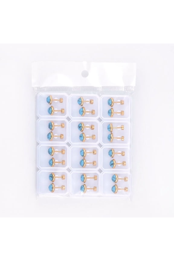 304 Stainless Steel Earlobe Plugs Screw Back Earrings with Turquoise Half Round Golden 8x4mm Pin: 1mm 12pairs/bag