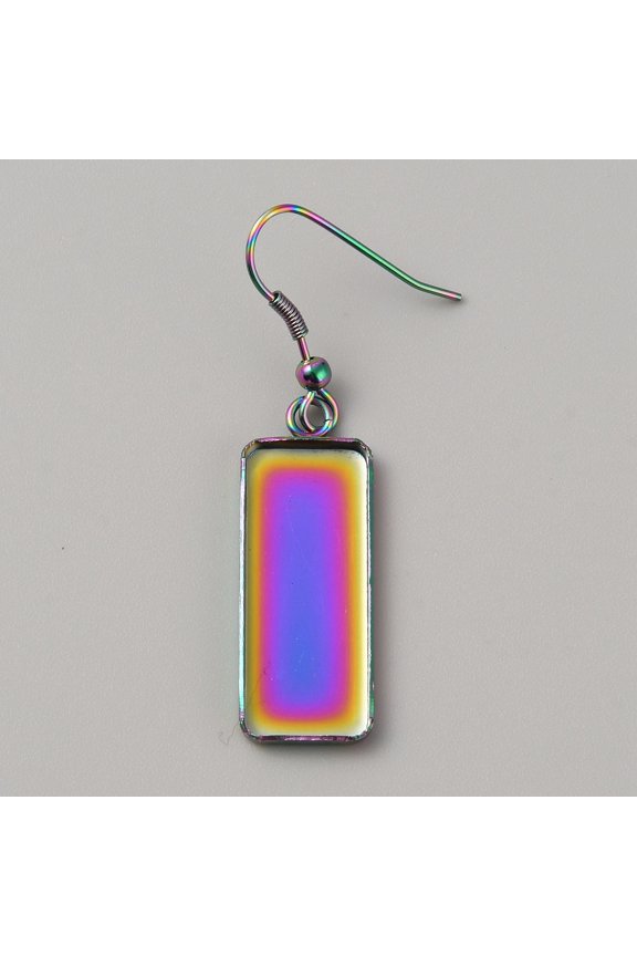 304 Stainless Steel Earring Hooks Ear Wire with Blank Pendant Trays Rectangle Earrings Setting for Cabochon Rainbow Color 21 Gauge 49mm Pin: 0.7mm Tray: 10x25mm