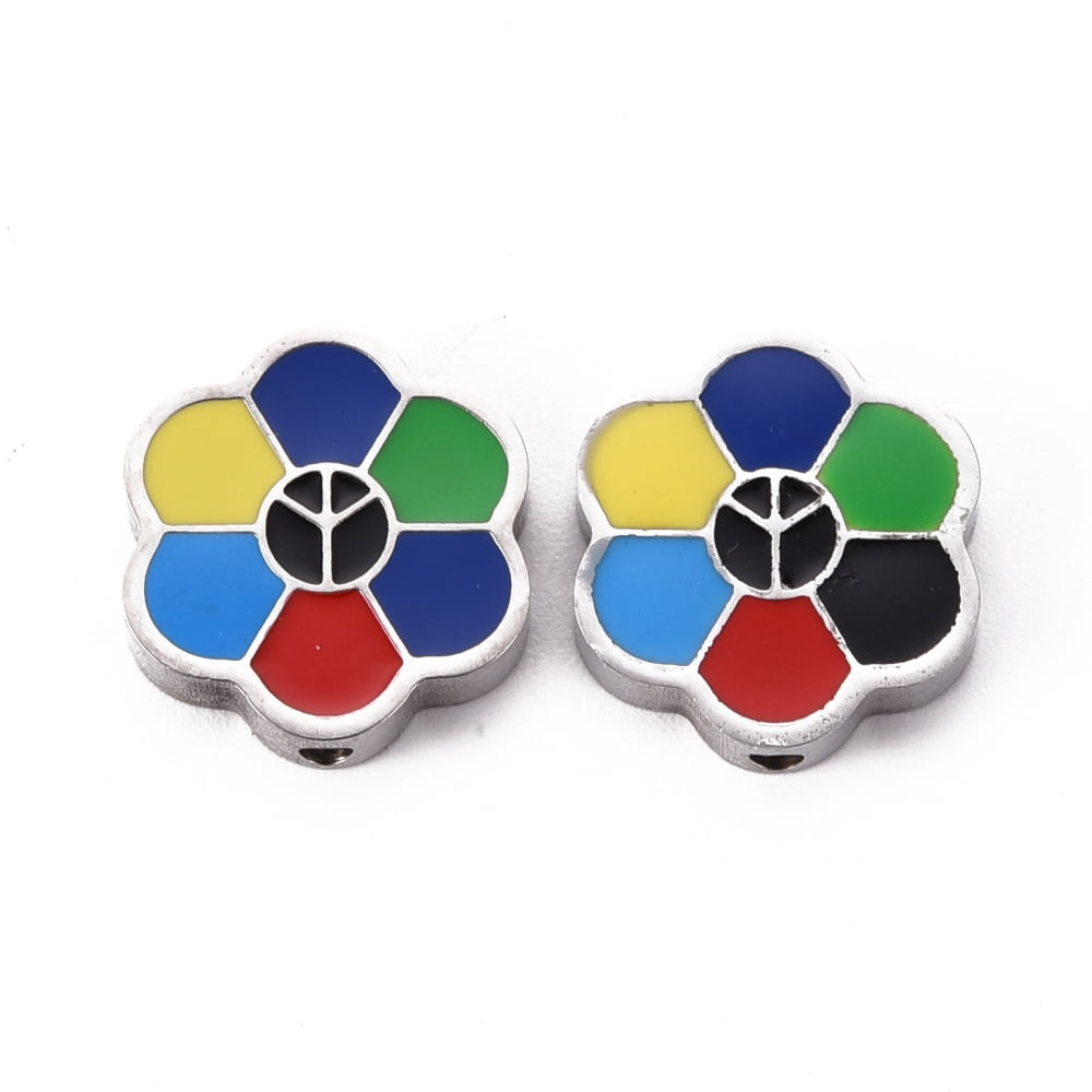 304 Stainless Steel Enamel Beads Flower with Peaceful Sign Colorful Stainless Steel color 15x14x3.5mm Hole: 1.6mm DIY