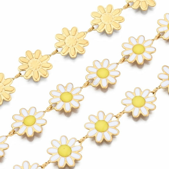 304 Stainless Steel & Enamel Link Chains with Spool Unwelded Real 16K Gold Plated Nickel Free Flower White 13.5x10x1mm 16.4 Feet(5m)/roll