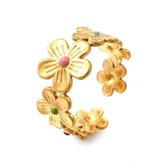 304 Stainless Steel Enamel Open Cuff Rings Flower Real 18K golden Plated 10mm Adjustable