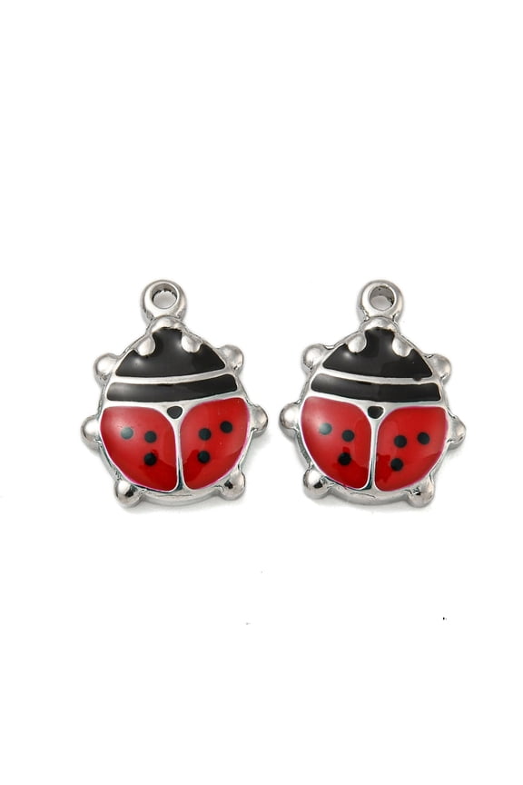 304 Stainless Steel Enamel Pendants Ladybug Charm Stainless Steel color 15.5x12.5x3mm Hole: 1.4mm