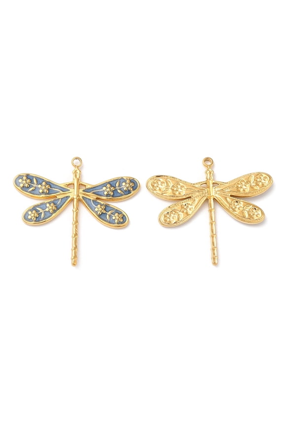 304 Stainless Steel Enamel Pendants Real 18K Gold Plated Dragonfly Charm Steel Blue 24x27x2mm Hole: 1.4mm DIY