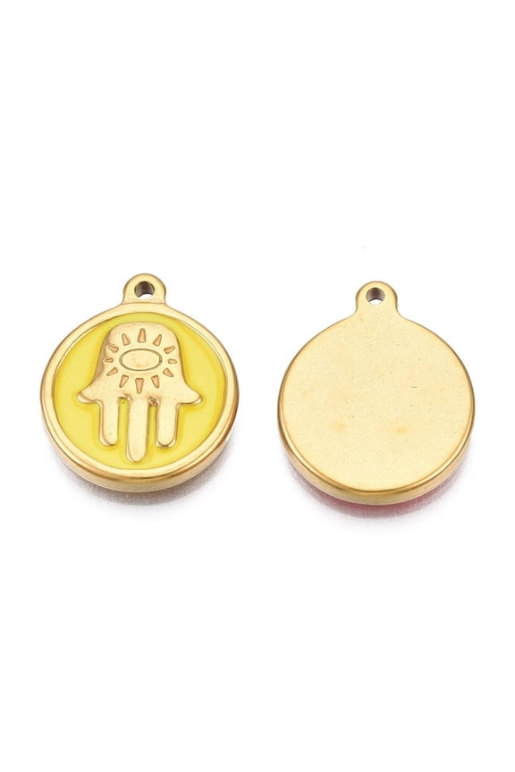 304 Stainless Steel Enamel Pendants Real 18K golden Plated Flat Round with Hamsa Hand Yellow 18x15x2.5mm Hole: 1.2mm