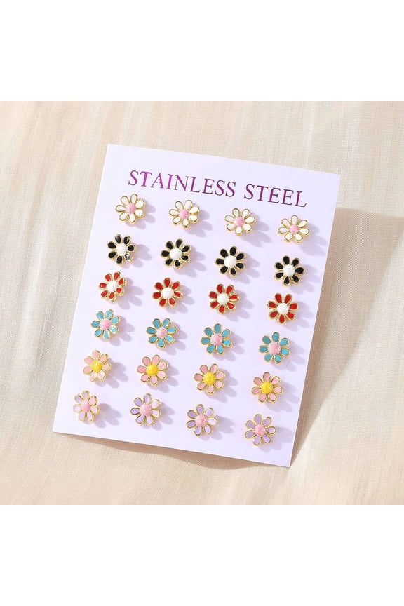 304 Stainless Steel Enamel Stud Earrings with 316 Surgical Stainless Steel Pin & Glitter Powder Golden Daisy Flower Mixed Color 8x8x1.5mm Pin: 0.8mm