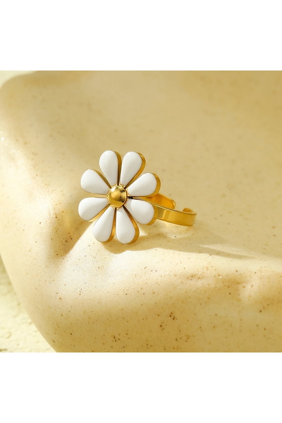 304 Stainless Steel Enamel Stud Rings for Women Flower White Adjustable Flower: 18x18mm