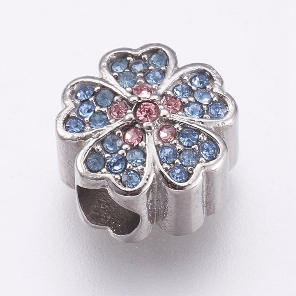 304 Stainless Steel European Beads Large Hole Beads with Rhinestone Flower Stainless Steel color Light Sapphire 11x7mm Hole: 4mm