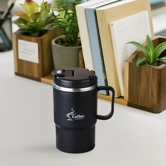 304 Stainless Steel Extra Large Insulated Mug, Leak Proof Double Wall Travel Tumbler with Handle, Includes Straw and Folding Spoon, Multi Purpose Coffee and Water Cup for Daily Use