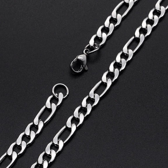 304 Stainless Steel Silver Faceted Figaro Chain Necklace 22 Inch 7mm Lobster Clasp A418