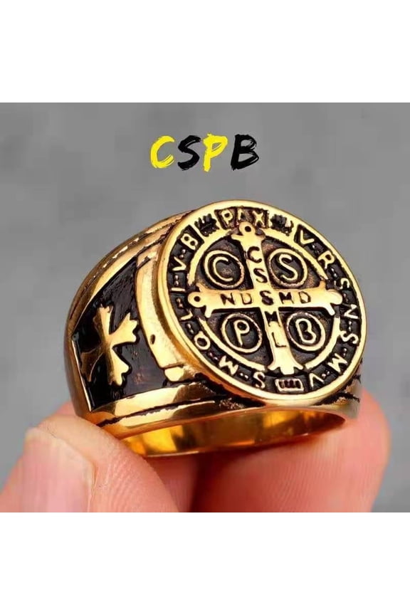 304 Stainless Steel Finger Rings for Men Saint Benedict Cross Rings Antique Golden Size 9(18.9mm)