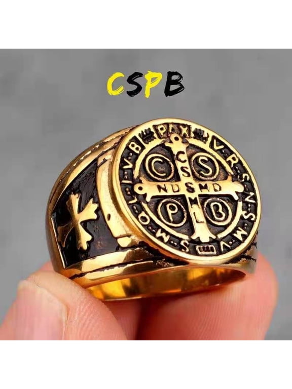 304 Stainless Steel Finger Rings for Men Saint Benedict Rings Golden US Size 9(18.9mm)