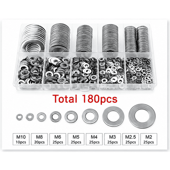 304 Stainless Steel Flat Washers Assortment Kit, 9 Sizes (M2-M12) Fender Washer Set for Bolts and Screws, Industrial Grade Metal Hardware Kit with Case