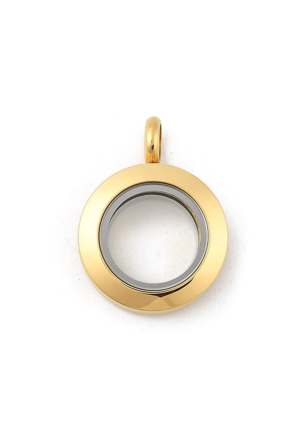 304 Stainless Steel Floating Locket Pendants with Glass Flat Round Golden 27x20x7mm Hole: 4mm