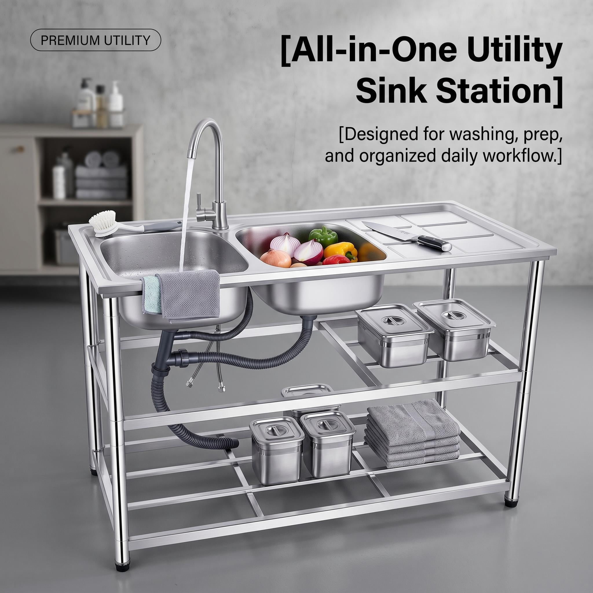 304 Stainless Steel Freestanding Utility Sink, Workbench Tub Sink with Open Storage Area, Perfect for Kitchen Bar Restaurant Garage Patio Garden