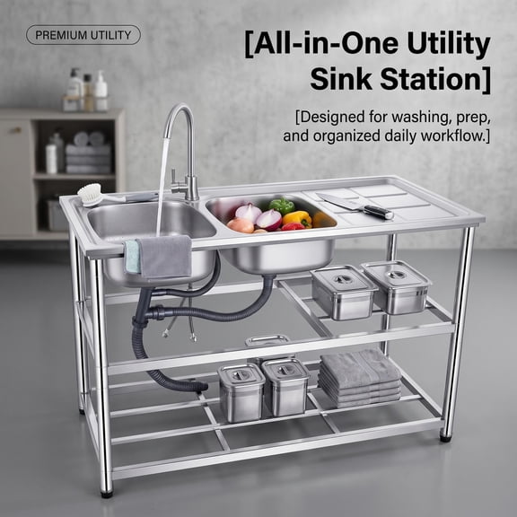 304 Stainless Steel Freestanding Utility Sink, Workbench Tub Sink with Open Storage Area, Perfect for Kitchen Bar Restaurant Garage Patio Garden