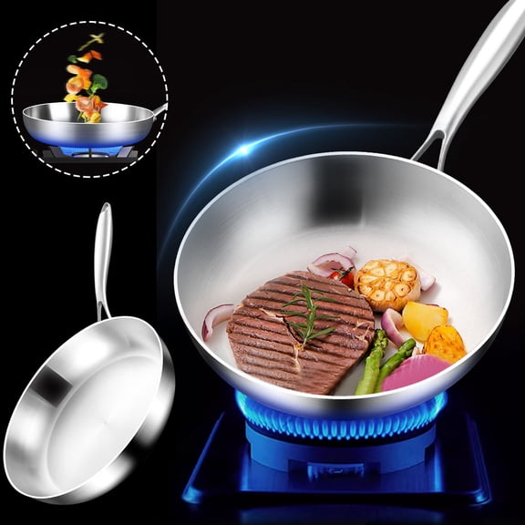 304 Stainless Steel Frying Pan 8.8 Inch - Three Layer Flat Bottom Skillet Nonstick Uncoated - Less Oil Cooking for Healthy Meals - Induction Stovetop Compatible - Home Kitchen Cooking Pot