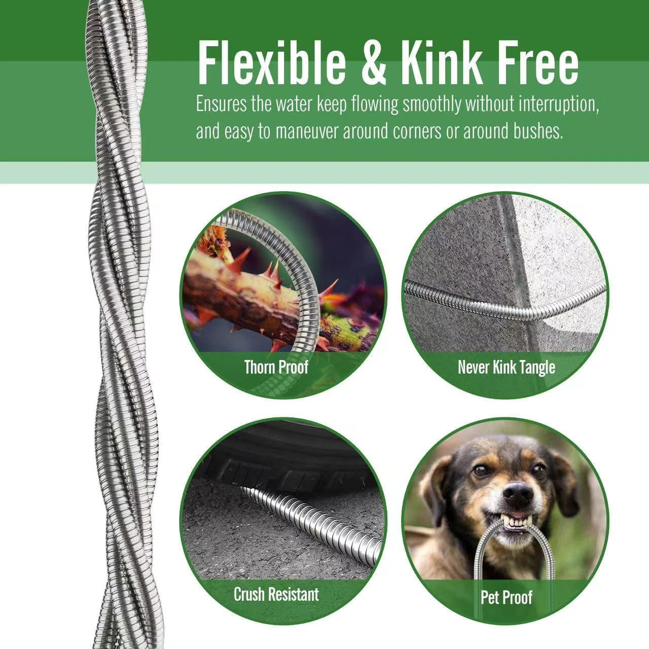 304 Stainless Steel Garden Hose 15ft with Metal Connector, Anti-Leak, Kink  & Lightweight