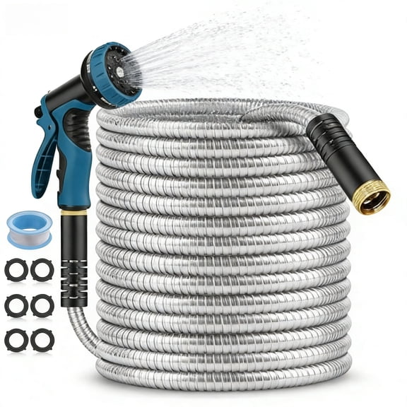 304 Stainless Steel Garden Hose 50ft, Heavy Duty Metal Water Hose - Flexible, No Kink & Tangle Free, Puncture Proof with 10 Function Nozzle for RV, Yard, Outdoor, Lawn Care