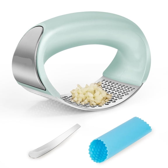 304 Stainless Steel Garlic Press Rocker Set - Premium Garlic Mincer, Crusher, Peeler, and Scraper Tool for Effortless Mincing - Comfortable Grip Garlic Grinder (Green)