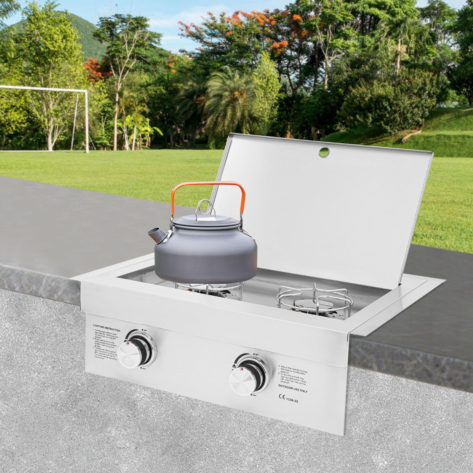 304 Stainless Steel Gas Stove, Grilling Side Burners Propane Double Burner with Cover, Built-in Cooktop for Outdoor Kitchen, BBQ & Backyard Cooking
