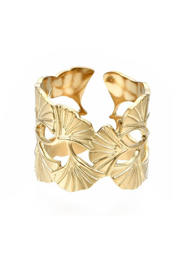 304 Stainless Steel Ginkgo Leaf Wrap Open Cuff Ring Chunky Hollow Ring for Women Golden Size 6 3/4(17.1mm)