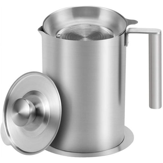 304 Stainless Steel Grease Strainer and Container - 1.8 L/1.9 Quart Large Oil Storage Pot Grease Keeper with Dust-Proof Lid & Easy Grip Handle - for Bacon, Kitchen Cooking or Frying Oil