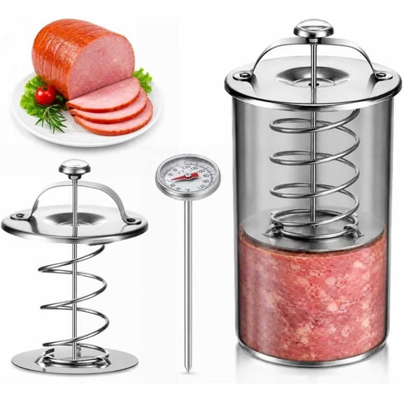 304 Stainless Steel Ham Maker with Thermometer, Lunch Meat Press Mold for Homemade Cold Cuts, Rolled Meat, 2 LB Capacity