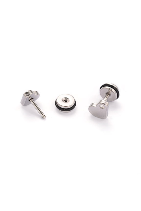 304 Stainless Steel Heart Earlobe Plugs Screw Back Earrings with Rhinestone Stainless Steel Color 8x6mm Pin: 1mm