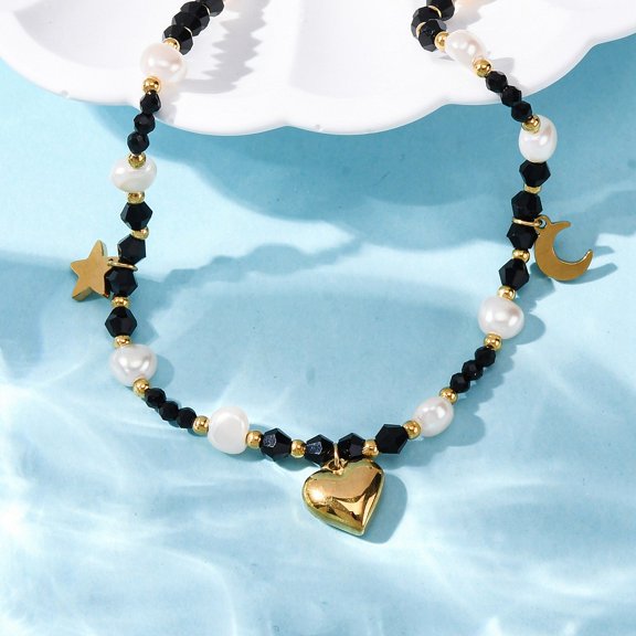 304 Stainless Steel Heart Pendant Necklaces Natural Pearl & Glass Beaded Necklaces Ion Plating(IP) Black Real 14K golden Plated 16.93 inch(43cm)
