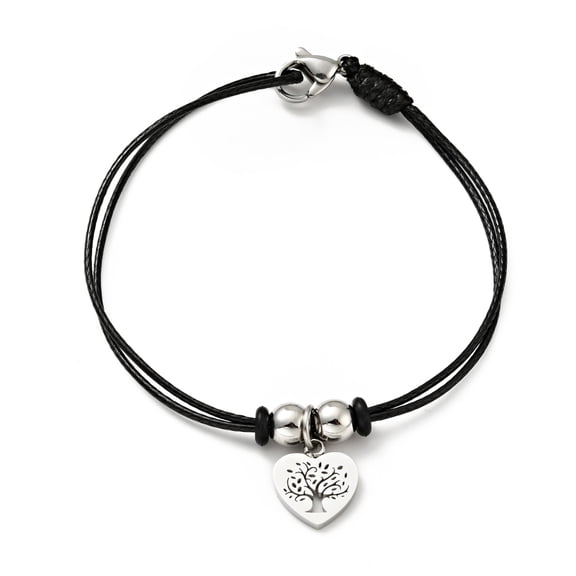304 Stainless Steel Heart with Tree of Life Charm Bracelet with Waxed Cord for Women Stainless Steel Color 7 inch(17.8cm)