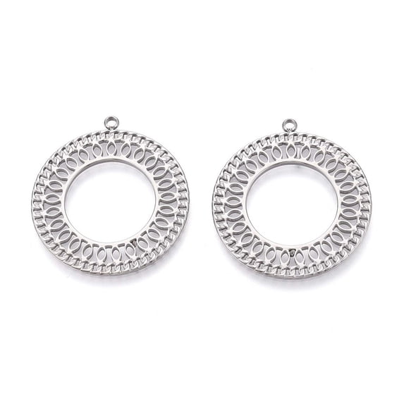 304 Stainless Steel Hollow Pendants Round Ring Charm Anti-Tarnish Stainless Steel color 33x30x1.5mm Hole: 1.5mm 304 Stainless Steel