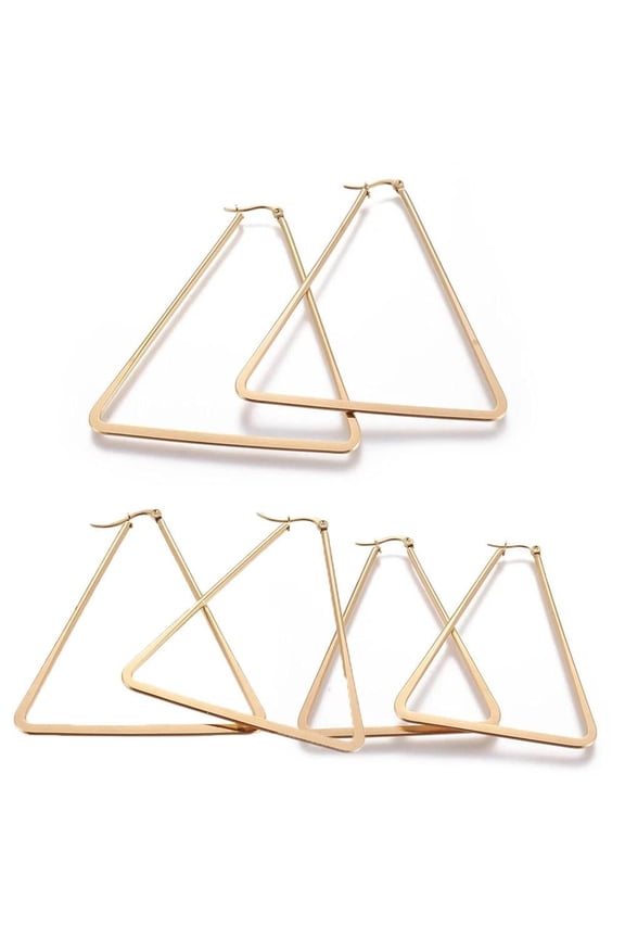 304 Stainless Steel Hoop Earrings Triangle Gold 64X51X2Mm Pin 0.8Mm&nbsp; P612