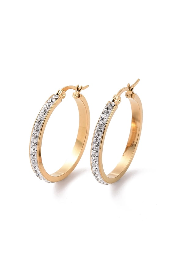 304 Stainless Steel Hoop Earrings with Polymer Clay and Rhinestone Ring Golden Crystal 30x29x3.5mm