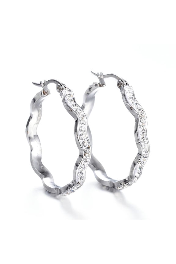 304 Stainless Steel Hoop Earrings with Polymer Clay and Rhinestone Wave Ring Stainless Steel Color 32x31x4mm Pin: 1x0.8mm