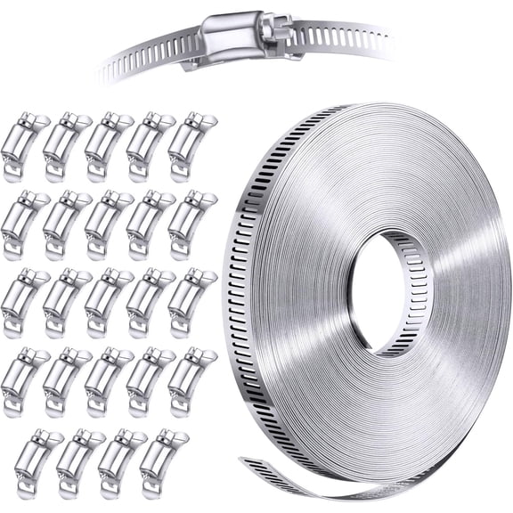 304 Stainless Steel Hose Clamp Assortment Kit DIY, Cut-To-Fit 50 FT Metal Strap+24 Stronger Fasteners, Large Adjustable Worm Gear Hose Clamps Screw Clamps Duct Pipe Metal Clamp Strapping