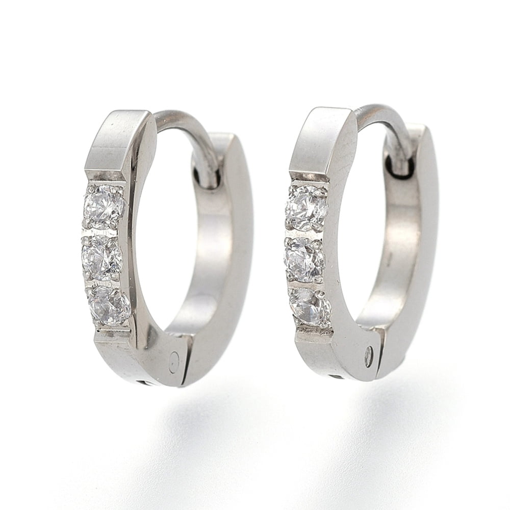 304 Stainless Steel Huggie Hoop Earrings with Clear Cubic Zirconia Ring Stainless Steel color 12.5x13x2mm Pin: 1.2mm