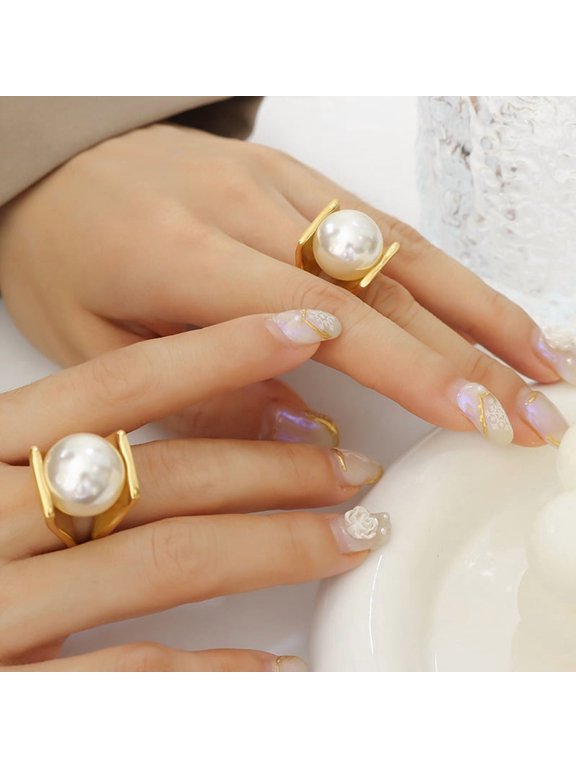 304 Stainless Steel Imitation Pearl Finger Rings for Women Golden US Size 6(16.5mm)