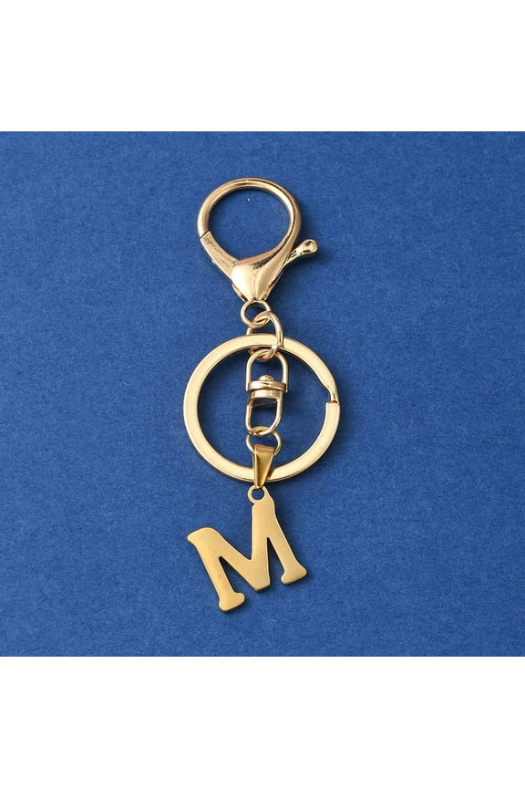 304 Stainless Steel Initial Letter Charm Keychains with Alloy Clasp Golden Letter M 8.5cm DIY