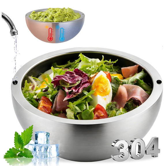 304 Stainless Steel Insulated Salad Dipping Bowl, Freezable Heat Retaining Serving Bowl, Double-Walled Design for Dips, Guacamole, Salads Party Entertaining(wwx)
