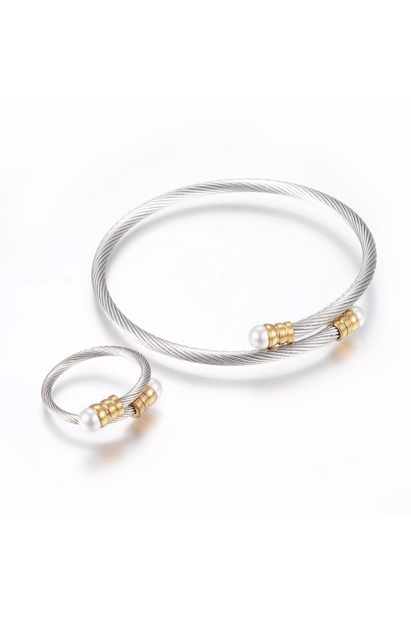 304 Stainless Steel Jewelry Sets Adjustable Bangles and Rings with Acrylic Beads Golden & Stainless Steel Color 2-1/8 inch(55mm) 18mm